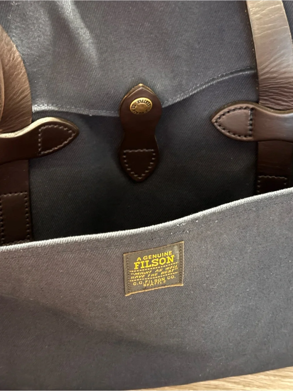 Filson Navy and Dark Brown Leather Laptop Briefcase